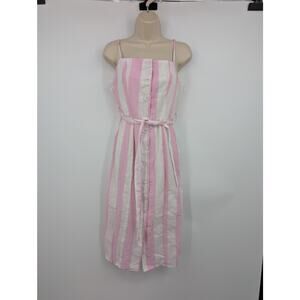 Linen Lux Button Down Tie Dress Pink and White Stripe Candy Striper Preppy